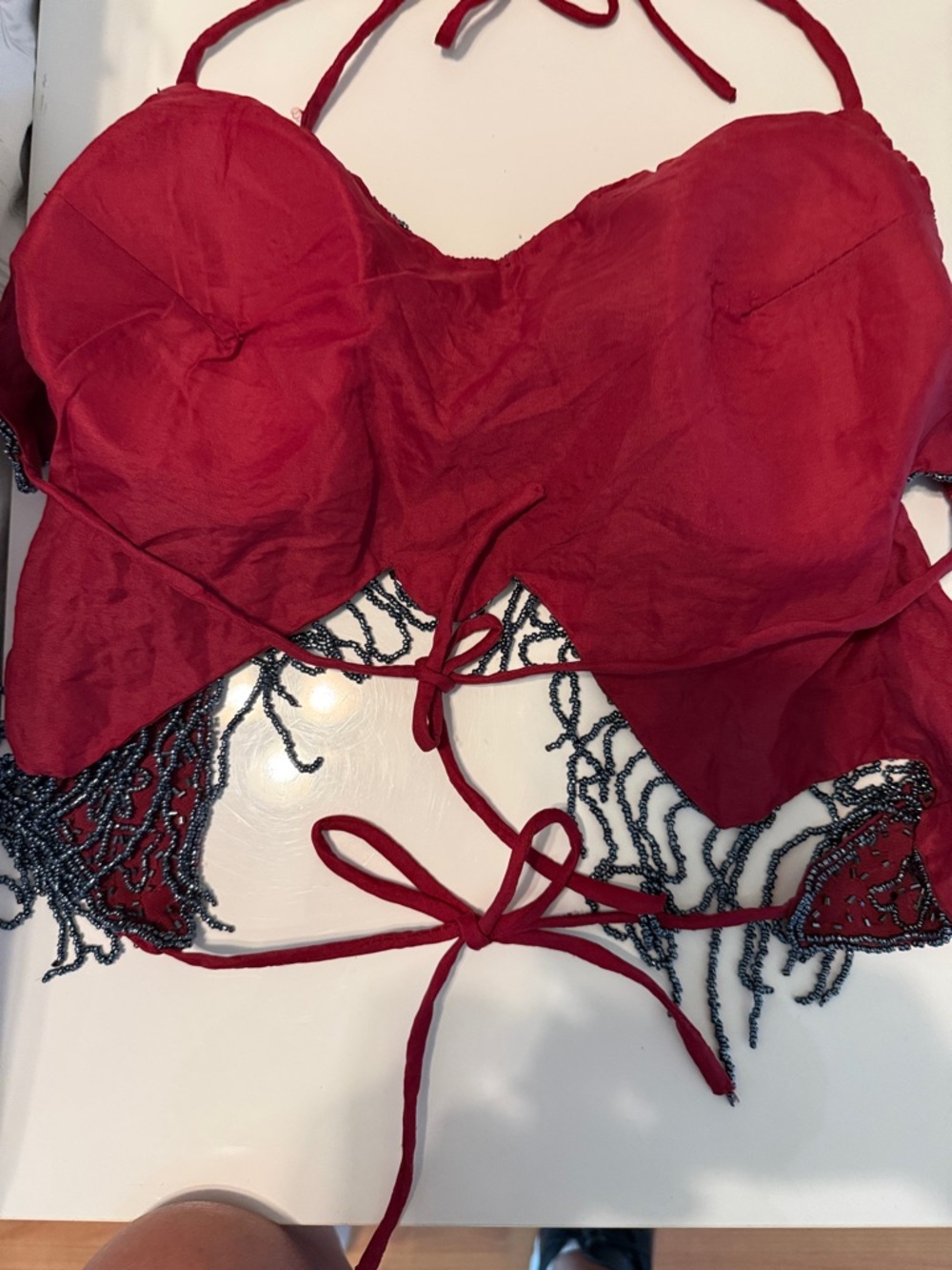 Vintage Red Beaded Halter Bandeau with Navy Beadwork - Picture 2 of 8